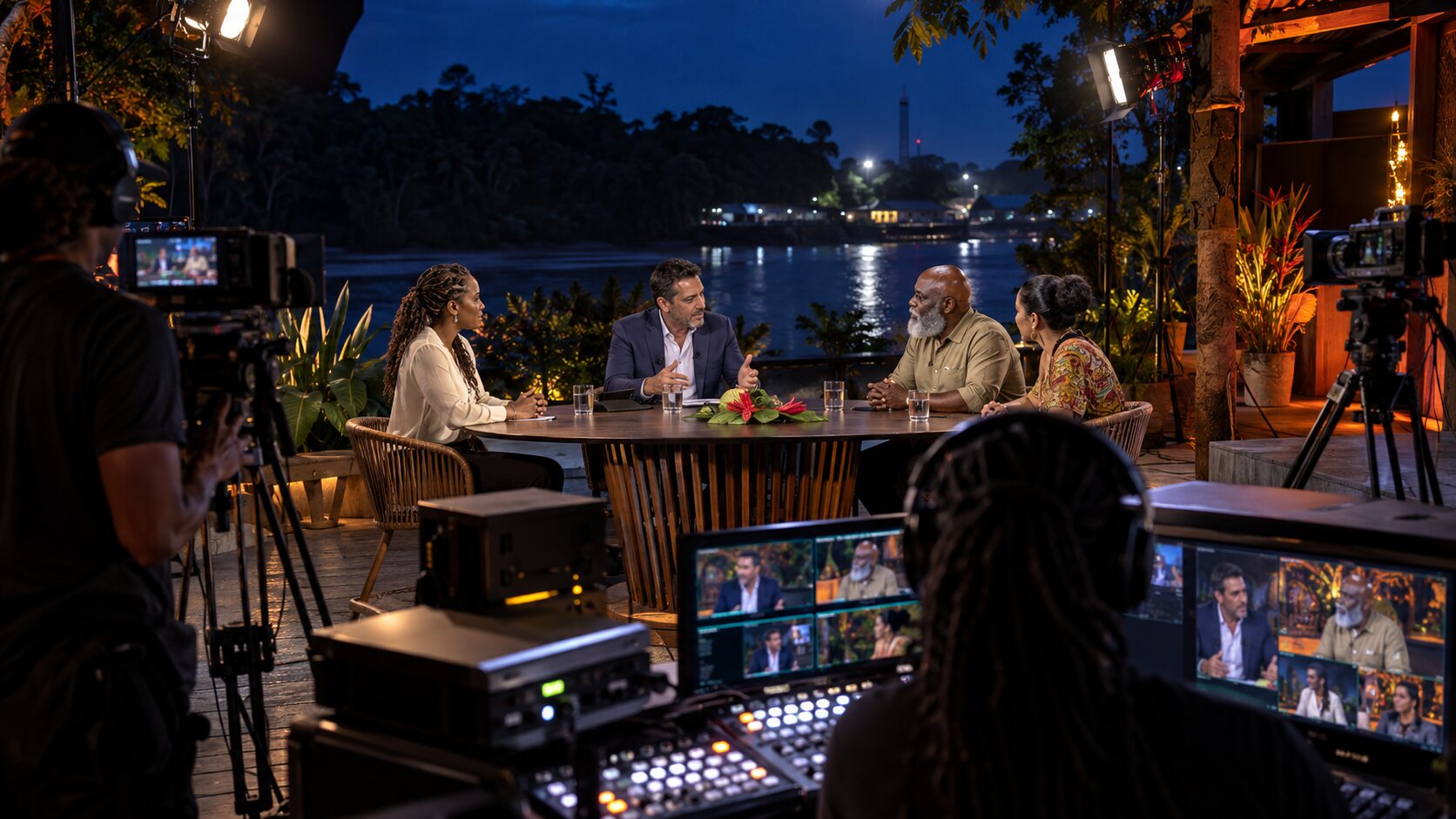 Plateau de télévision multicaméra en extérieur en Guyane